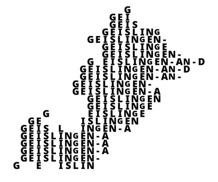 Typographic Map of the city Geislingen an der Steige (Germany) with a pattern of capital letters that only show the name of the city