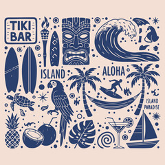 Tropical tiki bar graphics, island beach culture icons, hawaiian aloha surf art, polynesian totem mask stickers, exotic summer vacation icons, ocean wave palm tree graphics, tropical parrot beach coll © Geetaroy