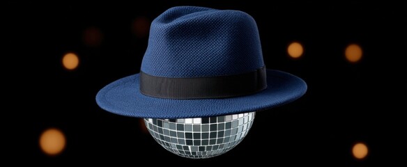 Naklejka premium Blue fedora hat atop a sparkling disco ball chic party must-have for events on white