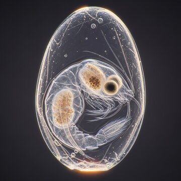 Translucent Water Flea Embryo Curled Inside Oval Egg Under Microscope