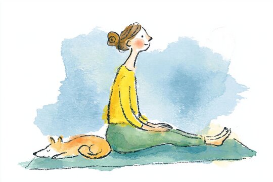 Meditation Illustration - Woman on Yoga Mat with Dog, Hand-Drawn Art