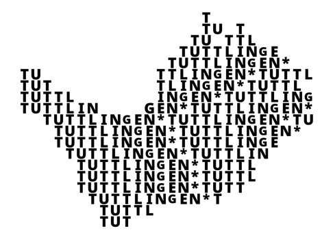 Typographic Map of the city Tuttlingen (Germany) with a pattern of capital letters that only show the name of the city