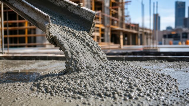 Fresh wet concrete flows smoothly from a metal chute onto a construction site floor during a massive urban development project