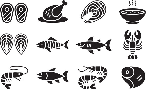 Selection of seafood and meat icons featuring fish lobster shrimp soup and steak silhouettes isolated on transparent background.