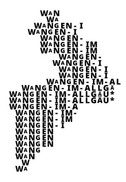 Typographic Map of the city Wangen im Allgaeu (Germany) with a pattern of capital letters that only show the name of the city