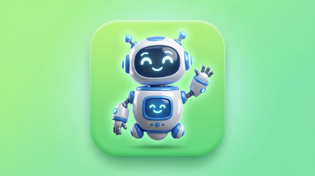 Friendly robot waving hello in a bright, stylized, futuristic design with vibrant green gradients, perfect for technology and AI themes