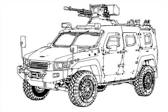 Komatsu Light Armored Vehicle LAV with Remote Weapon Station Technical Line Art Vector Illustration, Armored Car Blueprint Drawing