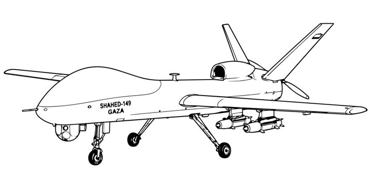 Shahed-149 Gaza Unmanned Combat Aerial Vehicle UAV Technical Line Art Vector Illustration, Strategic Surveillance Drone Aviation Blueprint Drawing
