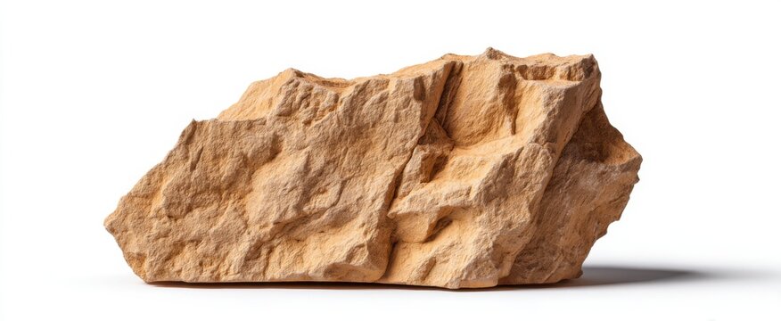 Rugged brown sandstone block isolated on white for geology studies and environmental design.