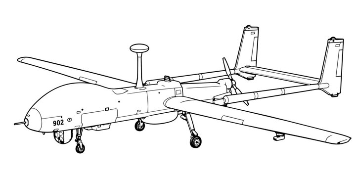 IAI Heron Unmanned Aerial Vehicle UAV Technical Line Art Vector Illustration, Military Surveillance Drone Aviation Blueprint Drawing