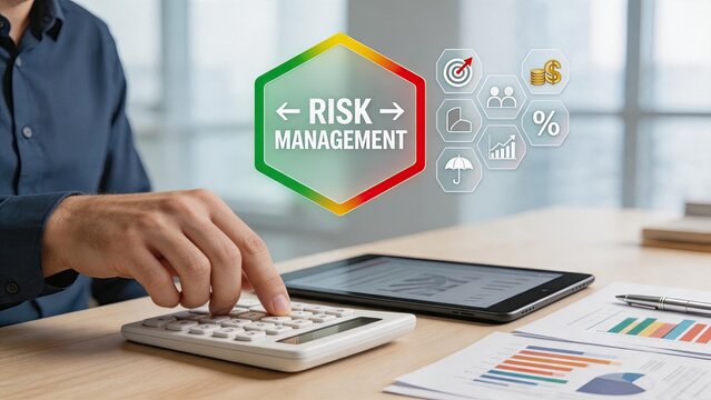 Financial expert calculating risk management strategy with calculator, analyzing investment charts and insurance icons for business security.