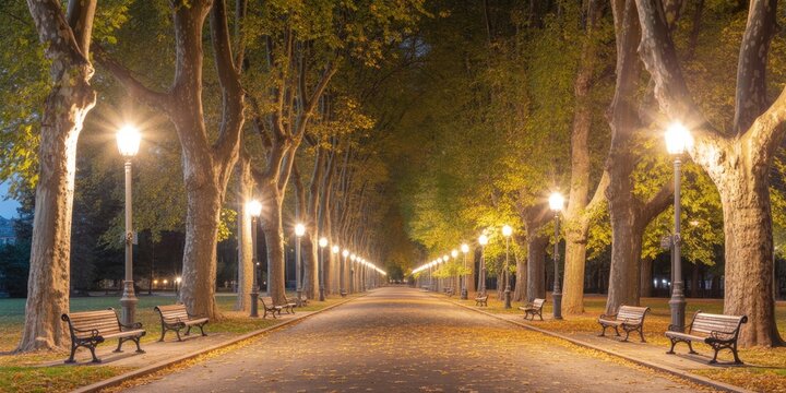 Panoramic view of a nighttime urban park with illuminated trees and benches