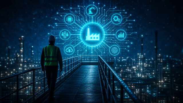 Engineer silhouette crossing gantry walkway toward glowing manufacturing execution system hologram