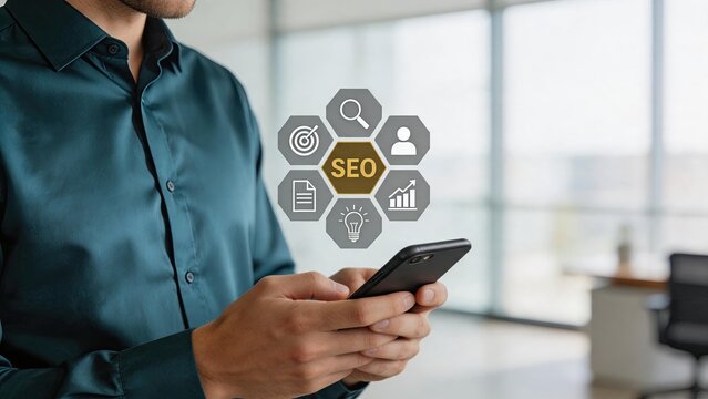 SEO optimization icons floating above smartphone, search engine marketing and digital strategy concept for web traffic growth.