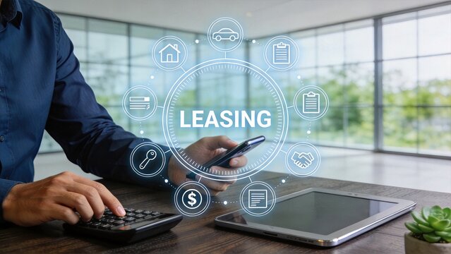 Leasing contract management with mobile phone and calculator, financial planning for car or house rental, digital agreement signing process, business transaction and payment