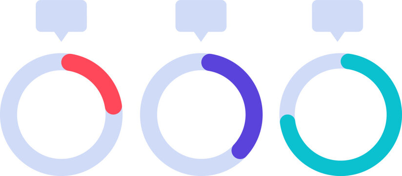 Circular graphs showing filled segments and speech bubbles representing percentages or progress