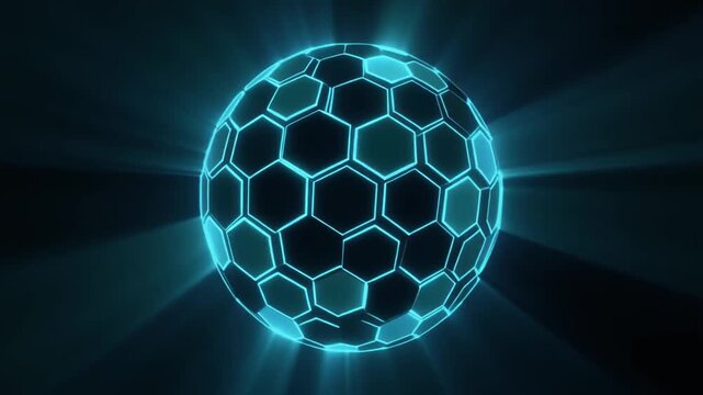 Glowing blue hexagonal sphere animation, symbolizing global connectivity, molecular structures, and futuristic technological visualization