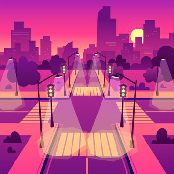 Urban street with crosswalks and buildings in a pink and purple abstract cityscape