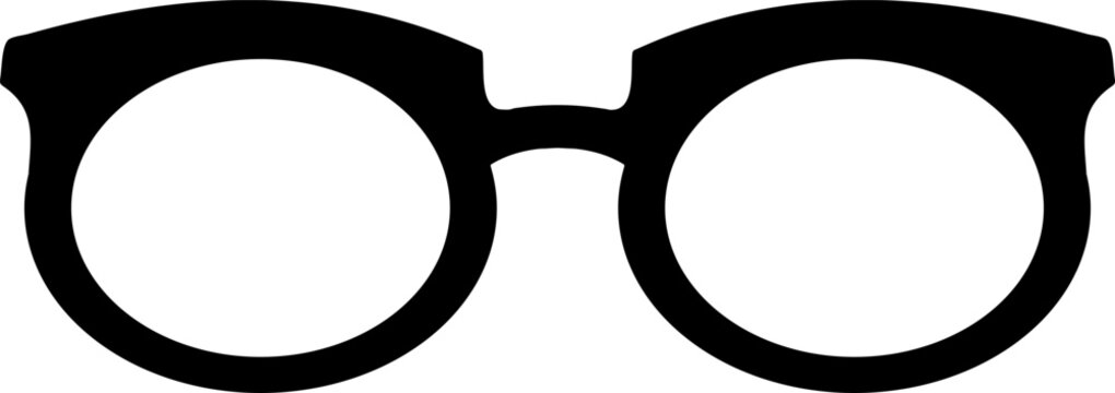 Black rounded glasses icon on a white background, symbolizing vision, intelligence, and style