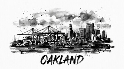 Fototapeta premium Oakland skyline silhouette featuring port cranes, city buildings, and Bay Area atmosphere, black and white ink illustration with dynamic brush strokes, expressive typography below reading 