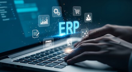 Obraz premium Enterprise resource planning erp software concept with person using laptop and digital icons