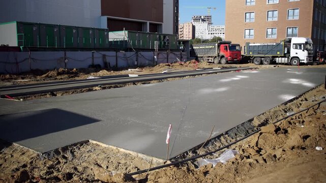 Concrete slab cures on active construction site under bright sun. Large dump trucks wait near residential buildings during foundation work