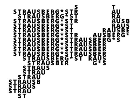 Typographic Map of the city Strausberg (Germany) with a pattern of capital letters that only show the name of the city