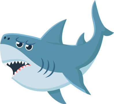 Angry cartoon shark swimming with open mouth, displaying sharp teeth, ready to bite