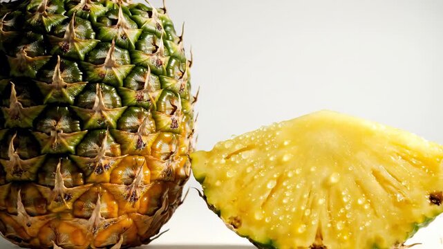 This features a whole pineapple alongside a slice of pineapple, set against a clean white background. The footage highlights the fruit's vibrant colors and intricate texture, making it perfect for use