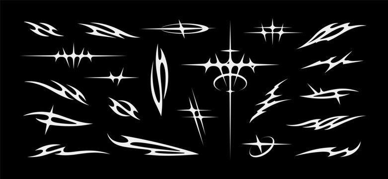 Set of Y2k abstract fashion graphics, Neo Tribal tattoo elements, neo gothic signs, Cybersigilism, and brutal aesthetic 2000s for rave theme, t-shirts print and apparel design - editable vector 