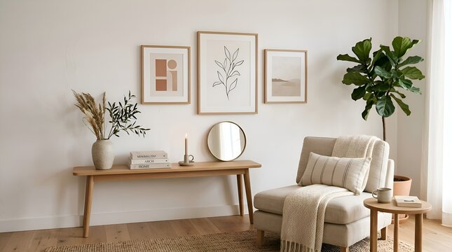 Cozy living room interior with artwork, plants, and natural light