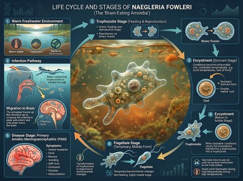 Medical infographic detailing the Naegleria fowleri life cycle. It shows infection pathways to the brain, stages like cysts, and severe PAM symptoms.