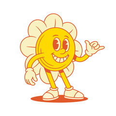 Fototapeta premium Relaxed smiling yellow flower chamomile cartoon character surf gesture contoured vector flat illustration. Cute cheerful summer floral blossom mascot garden plant resting cool hipster gesturing