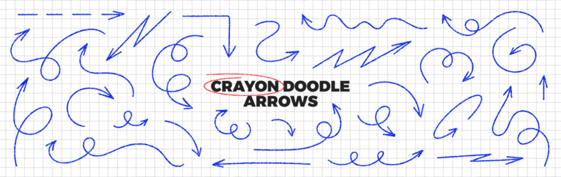 Blue pen arrows set on paper background. Hand drawn crayon scribble doodles. Curved and twisted thin arrows with pencil texture. Direction pointers. Vector illustration collection