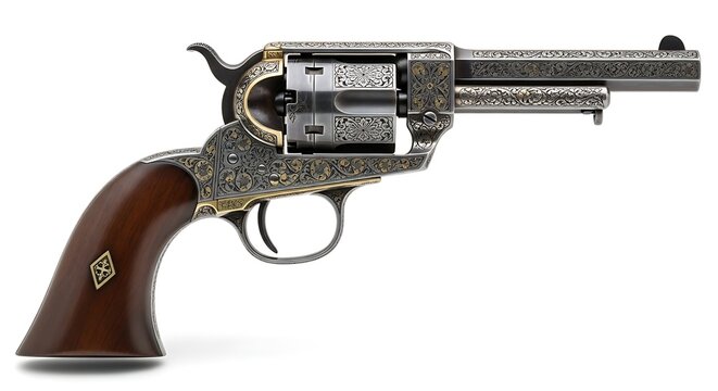 Ornate Antique Revolver Displayed on Clean White Background