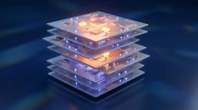 High performance multi layered processor unit with glowing integrated circuits and copper heat spreaders for massive data center operations and next generation cloud computing systems.