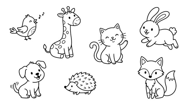 Animals cartoon set with cute and playful designs featuring illustration, vector, line art with black and white and dog elements for cat, rabbit