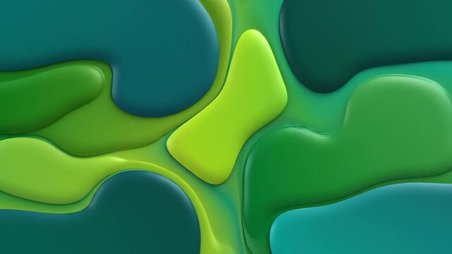 Abstract organic shapes in vibrant shades of green and teal with smooth, glossy surfaces and subtle depth creating a fluid and modern background