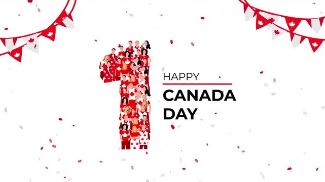 Happy Canada day. A large group of people form to create the number 1 as Canada day is celebrated on the 1st of July. Confetti falling background. 4K Video Animation..