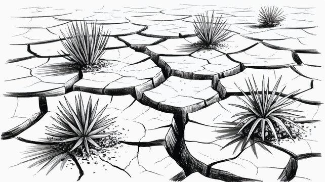 A drawing of cracked dry earth with spiky desert plants growing through the fissures