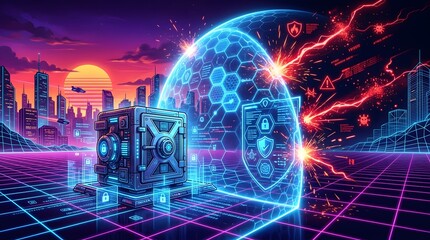 Fototapeta premium Neon-lit futuristic cityscape with a glowing blue shield and circuit board elements on a grid floor at sunset with vibrant purple and pink hues.