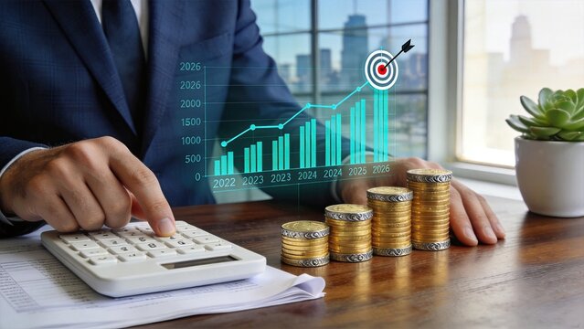 Financial growth concept with rising bar chart graph over stacks of gold coins and calculator, investment profit target achievement and wealth accumulation strategy for future