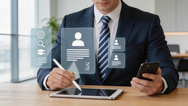 HR manager reviewing digital resume and candidate profile on tablet, recruitment and talent acquisition concept with virtual icons representing search, education and skills