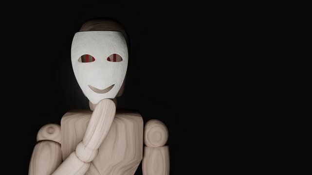 Lost identity animated mannequin with empty head in darkness
