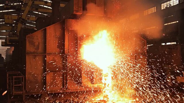 Molten metal pouring from a furnace with intense bright orange sparks and glowing liquid creating a dramatic industrial scene with a dark factory interior and overhead crane visible in the