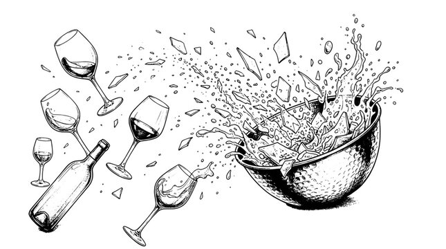 Wine glass clinking icon with splashing liquid, broken glass fragments, and flying shards in hand-drawn monochrome style