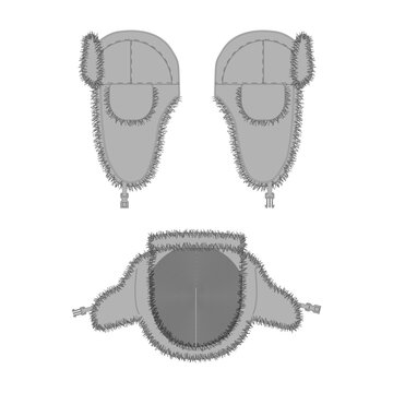 Trapper hat ushanka winter ear flap cap blank vector mockup template. Flat sketch technical drawing top side views. Faux fur aviator headwear apparel fashion design tech pack CAD illustration.