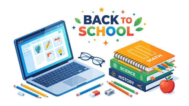 Isometric illustration of back to school concept with laptop, textbooks, school supplies, and an apple on a white background, symbolizing education and learning.