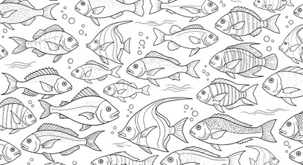 Fototapeta premium Fish illustration seamless pattern with hand drawn line art in underwater marine doodle style featuring repeating texture, monochrome, ink sketch