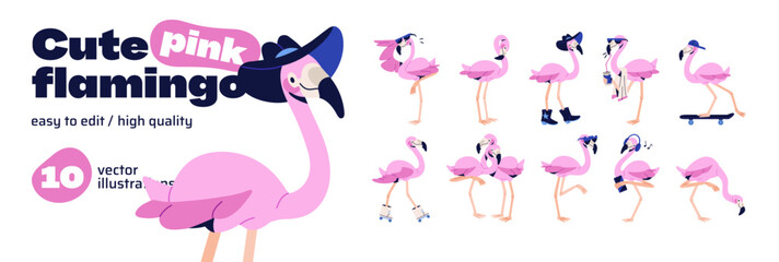 Cute pink flamingo set. Funny tropical bird with long neck and legs in different poses. Happy animal is drinking, skateboarding, roller skating in summer. Flat isolated vector illustrations on white © Paper Trident